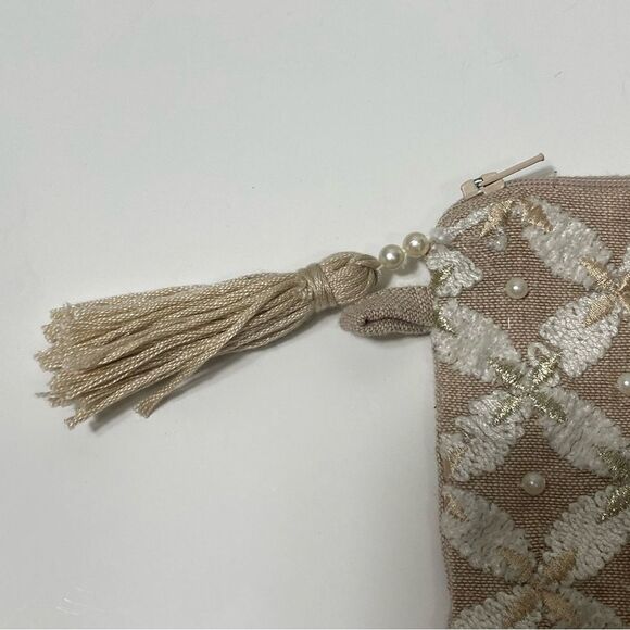 Boho Pearl Embroidered Hand Bag Cosmetic Bag W/ Tassel Zipper Closure - Picture 11 of 16